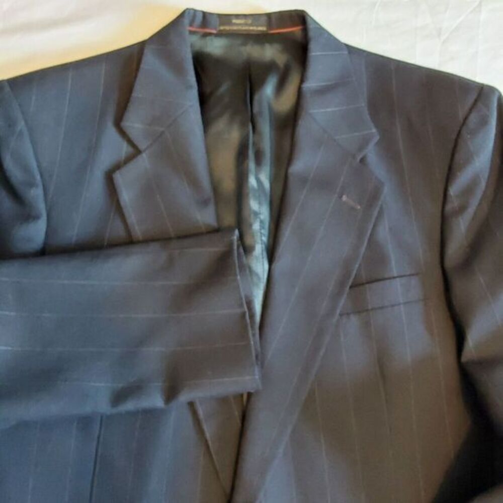 STANLEY‎ BLACKER Navy Blue Pinstripe Men's 2Pc Suit. Jacket Sz 40L & Pants 34x31